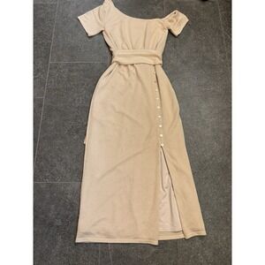Lovers + Friends S Womens Button Detail Off  The Shoulder Dress Beige See Pic